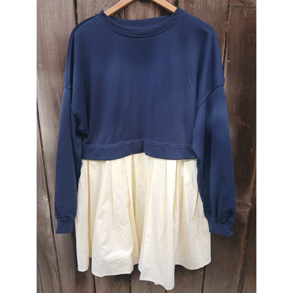 PrettyGarden Casual Patchwork Pullover Dress Navy Blue Yellow Comfort Babydoll